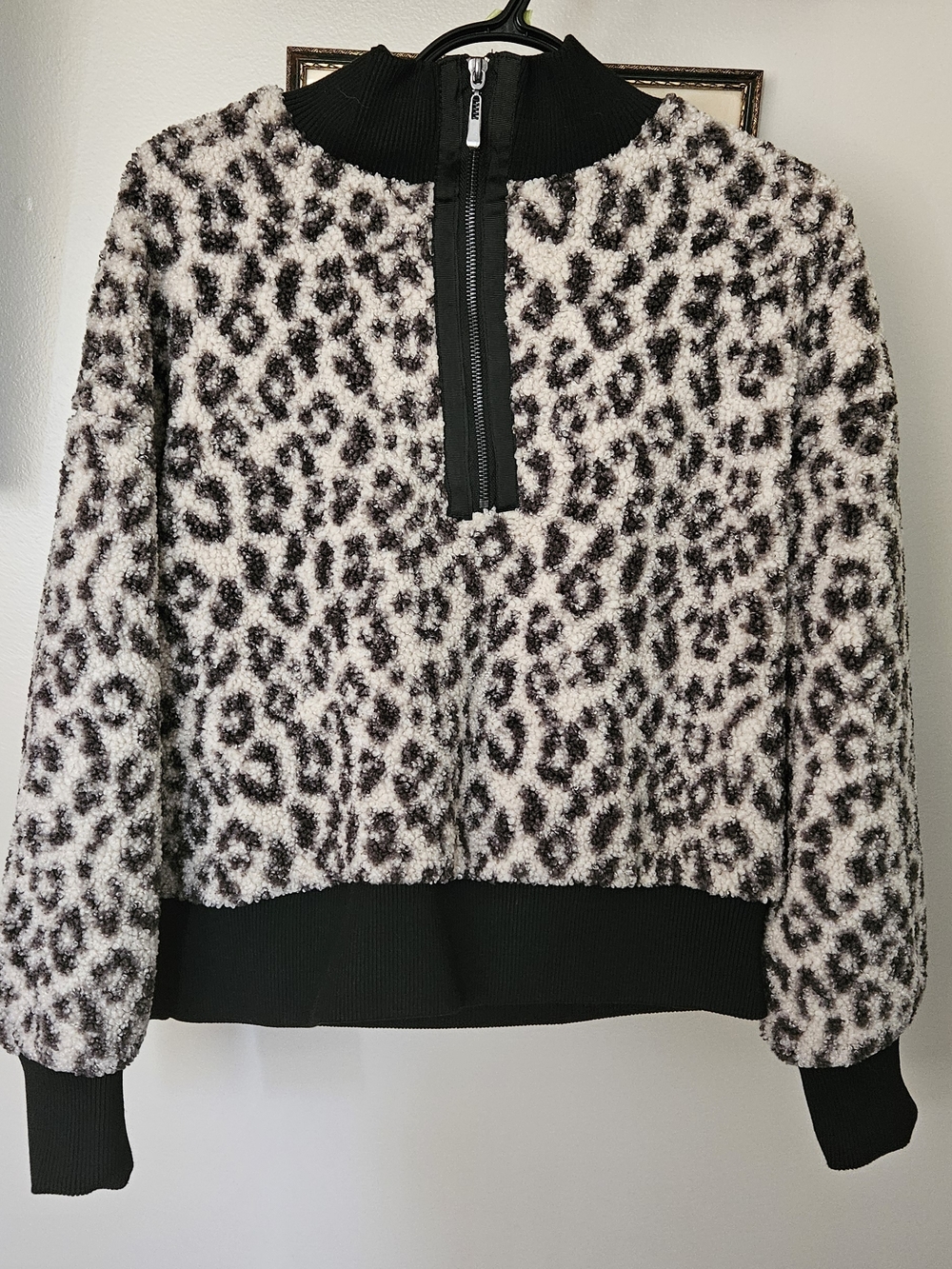 Cable & Gauge Black and White Teddy Leopard Half-Zip Jacket